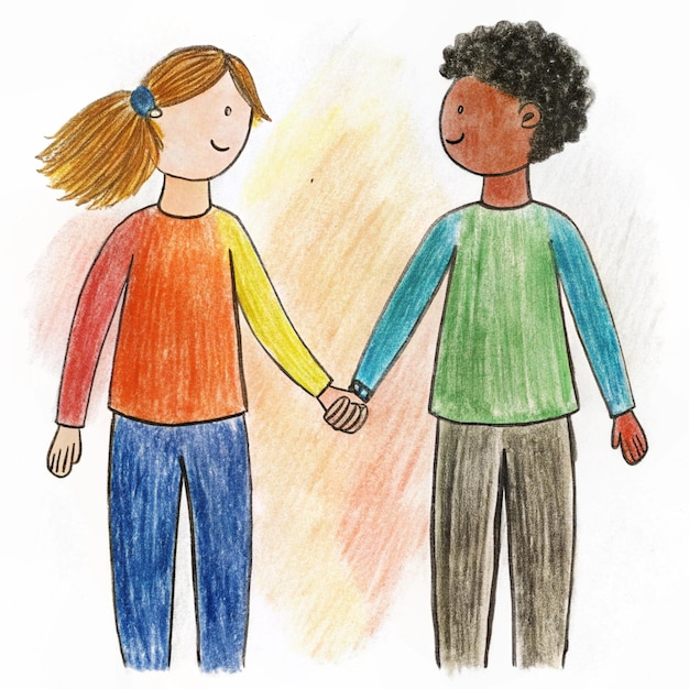 Photo a drawing of a girl and a boy holding hands