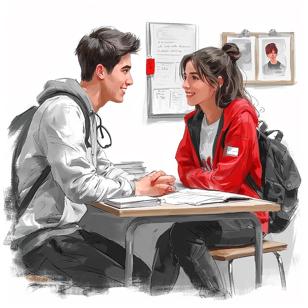 a drawing of a girl and a boy sitting at a desk