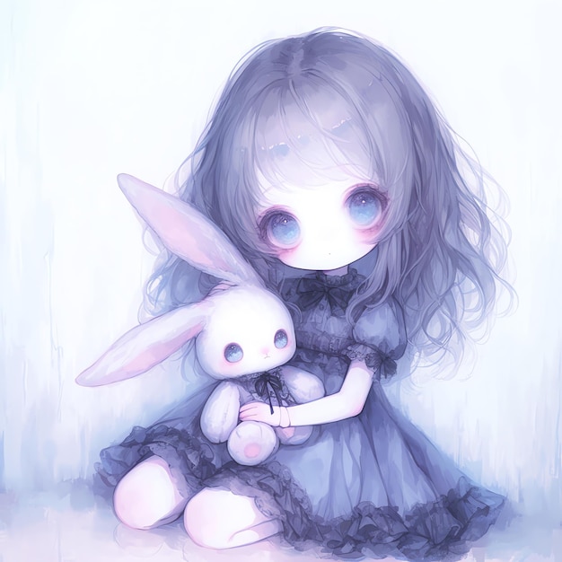 a drawing of a girl and bunny with a purple dress on the left