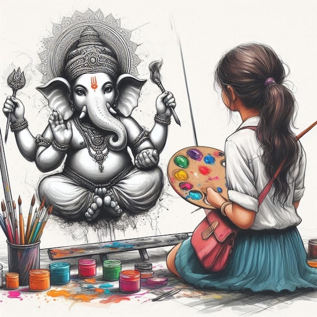 a drawing of a girl and an elephant with paint on it