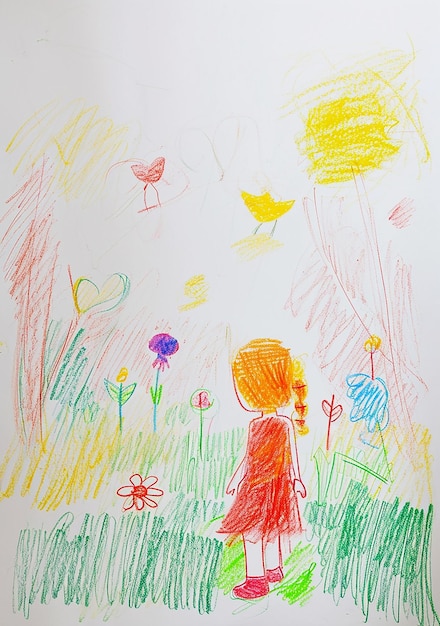 Photo a drawing of a girl in a field with flowers and butterflies