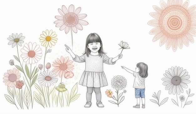 Photo a drawing of a girl and a girl with flowers and a drawing of a little girl