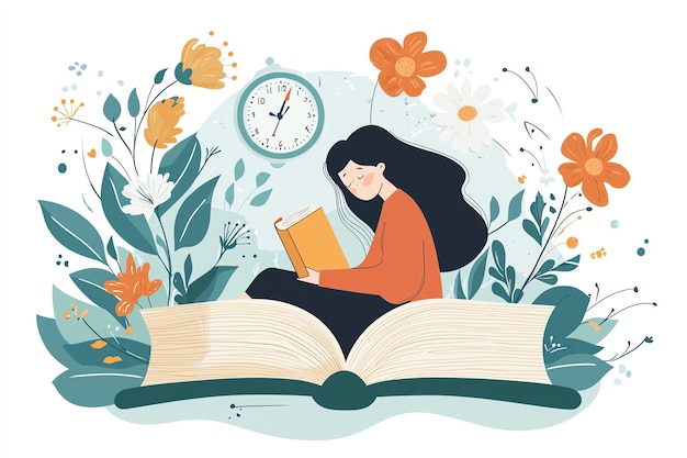 a drawing of a girl reading a book with a clock in the background