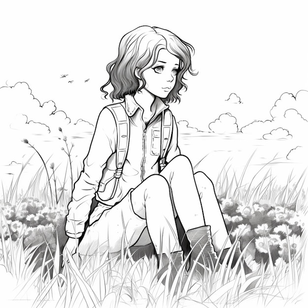 A drawing of a girl sitting in the grass with her legs crossed generative ai