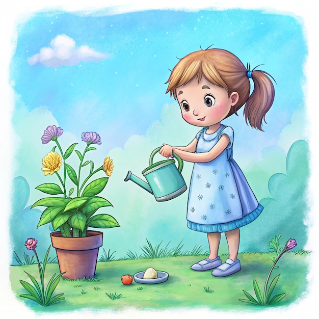 Photo a drawing of a girl watering a plant with a pot of flowers