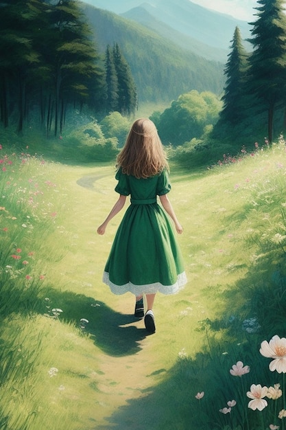 A drawing of a girl wearing dress walking in a forest path facing a beautiful green mountain in t