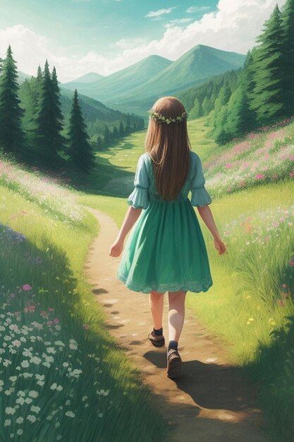 A drawing of a girl wearing dress walking in a forest path facing a beautiful green mountain in t