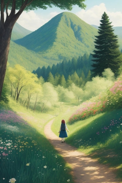 A drawing of a girl wearing dress walking in a forest path facing a beautiful green mountain in t