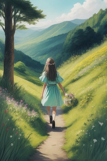 A drawing of a girl wearing dress walking in a forest path facing a beautiful green mountain in t