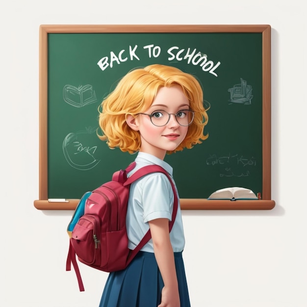 a drawing of a girl with a backpack and a book titled back to school