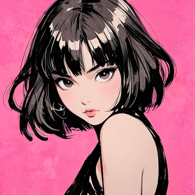 a drawing of a girl with a black hair and a pink background