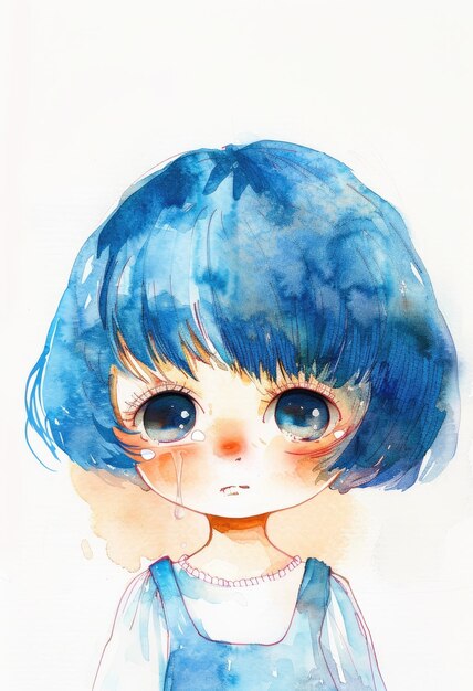 a drawing of a girl with blue eyes and a blue shirt that says  the word