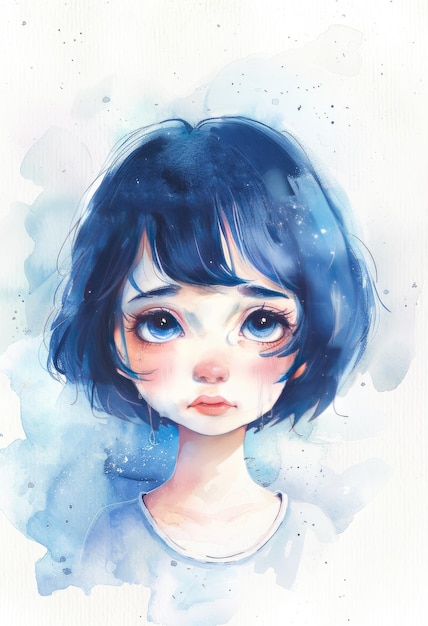 a drawing of a girl with blue eyes and a blue shirt