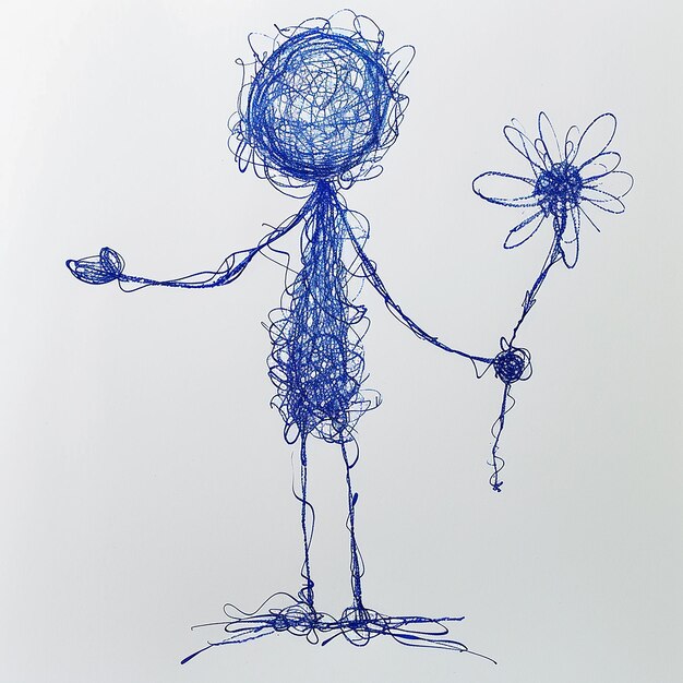 a drawing of a girl with a blue flower in her hand