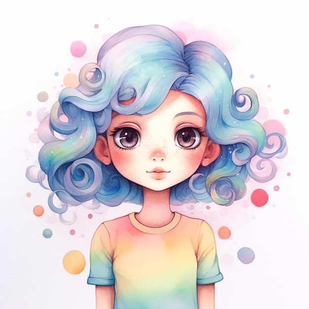 A drawing of a girl with blue hair and a rainbow shirt.