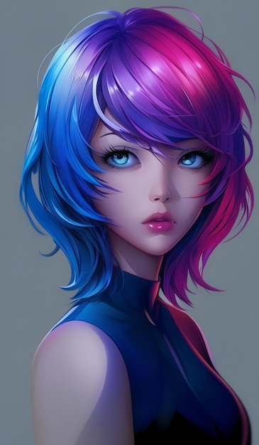 a drawing of a girl with blue and purple hair