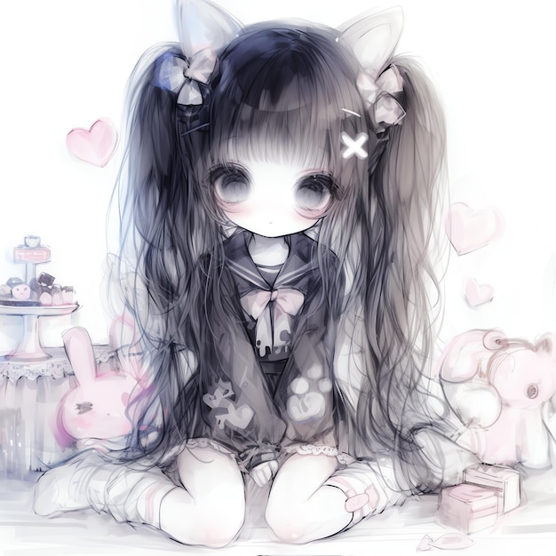 a drawing of a girl with a bunny and a box of hearts