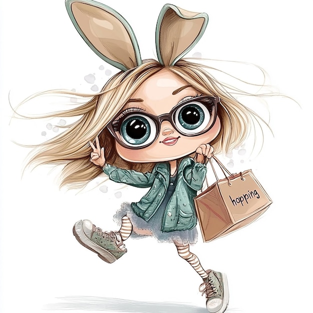 a drawing of a girl with bunny ears and a paper bag that says quot happy night quot