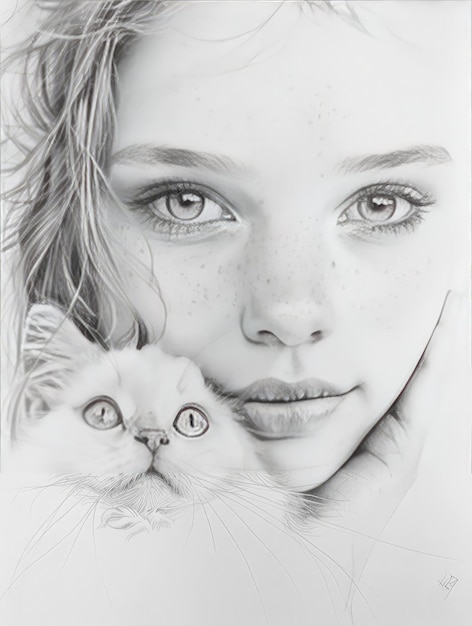 a drawing of a girl with a cat on her shoulder