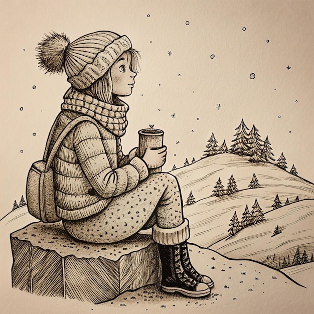 Photo a drawing of a girl with a cup of coffee in her hand