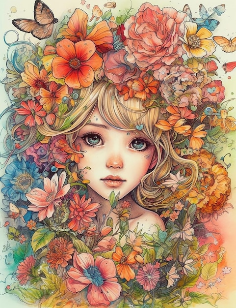 A drawing of a girl with flowers on her head.