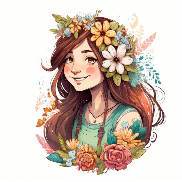 A drawing of a girl with flowers on her head