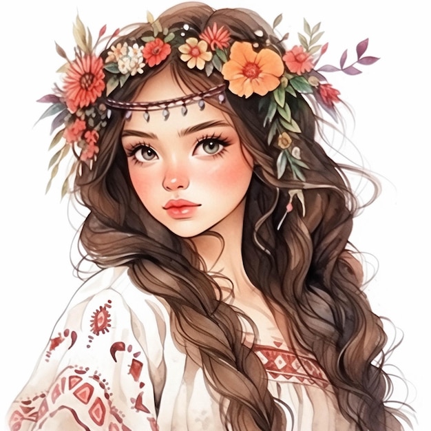 A drawing of a girl with long hair wearing a flower crown generative ai