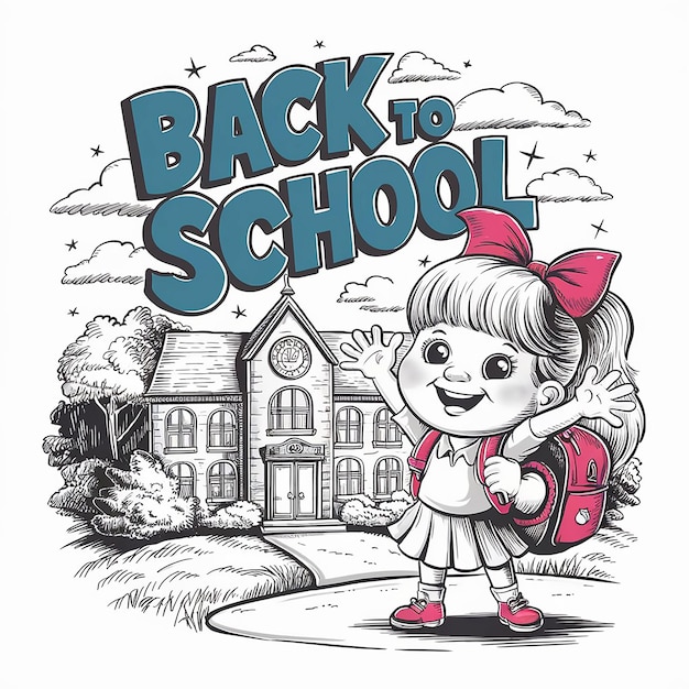 a drawing of a girl with a school backpack and the words back to school written on it