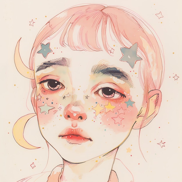 a drawing of a girl with stars and stars on her face