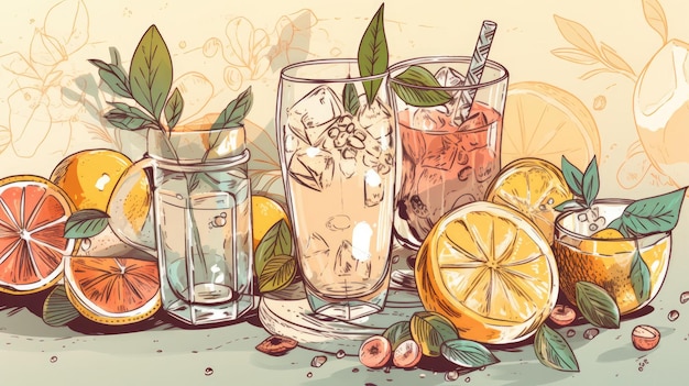 A drawing of a glass of lemonade with a bunch of lemons and a bunch of lemons on the table.