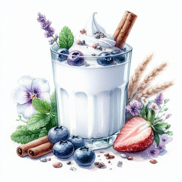 a drawing of a glass of milk with berries and berries