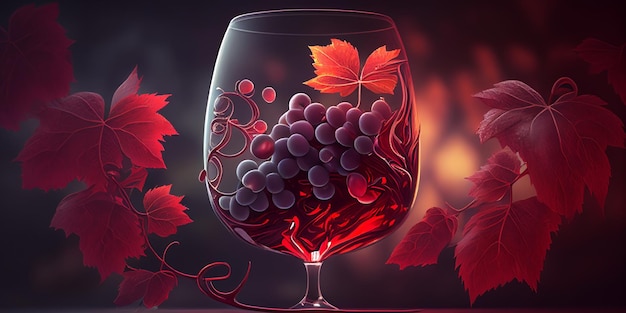 Drawing of a glass with wine and a branch of grapes Generative AI