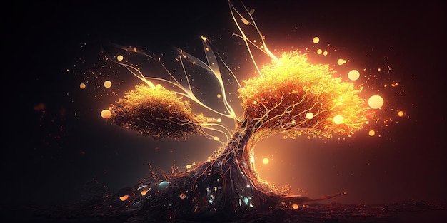 Drawing glowing tree branches particles golden background Generative AI