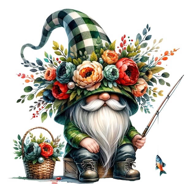 a drawing of a gnome with a hat and a cane with flowers on it