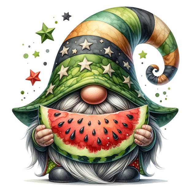 a drawing of a gnome with a watermelon hat and a beard