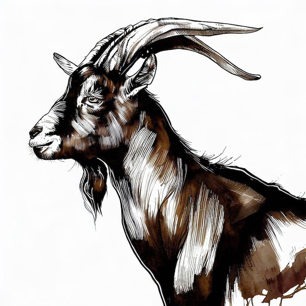 a drawing of a goat with large curved horns and a long beard