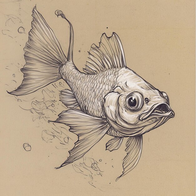 Photo drawing of a goldfish on paper handdrawn illustration