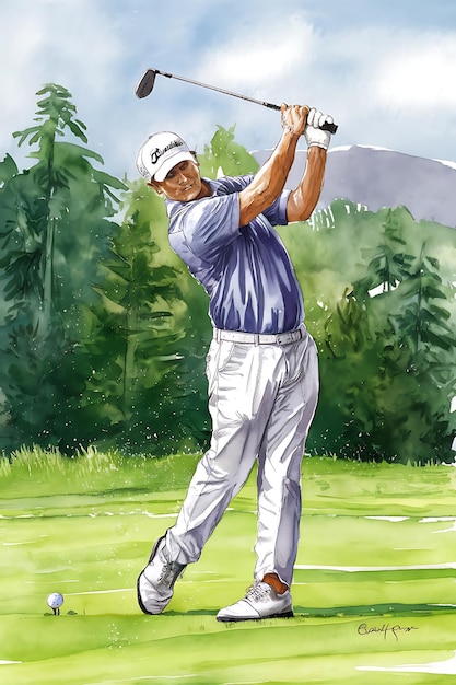 Photo a drawing of a golf player with a mountain in the background