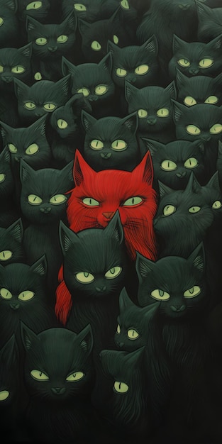 a drawing of green and red catgirls in a mob of black