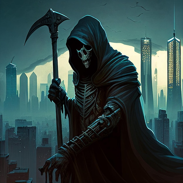 A drawing of a grim reaper with a large scythe in the background.