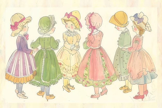 Photo a drawing of a group of children in dresses with hats on the front