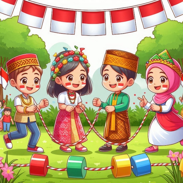 a drawing group of children playing a game during Indonesian Independence Day