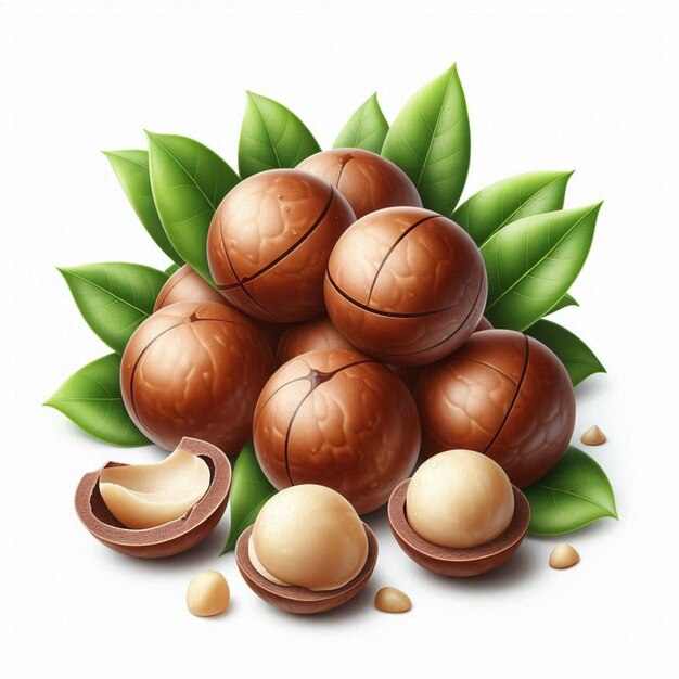 Photo a drawing of a group of chocolates with green leaves and a picture of a chocolate shell