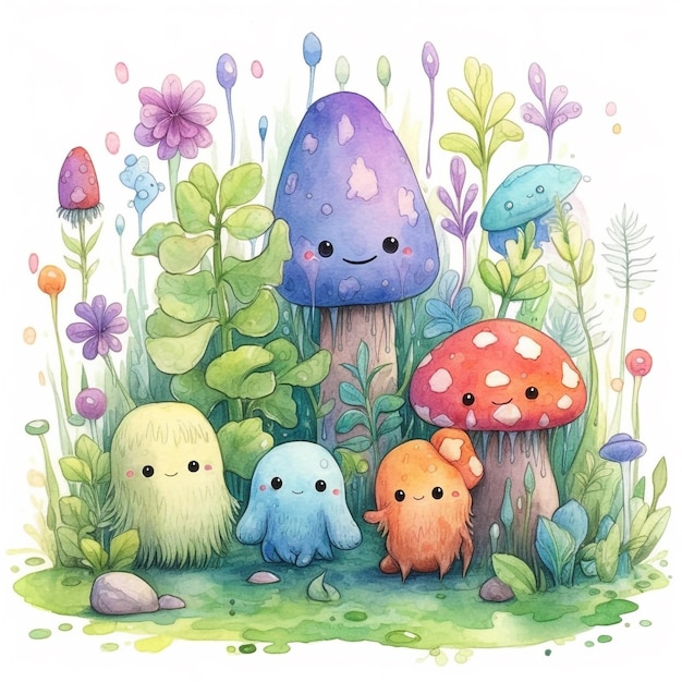 A drawing of a group of mushrooms with a cute face.