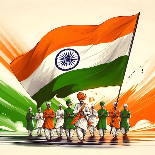 a drawing of a group of people with a flag that says the national india independence day