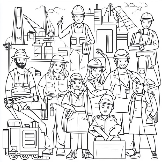 Photo a drawing of a group of people with a group of workers