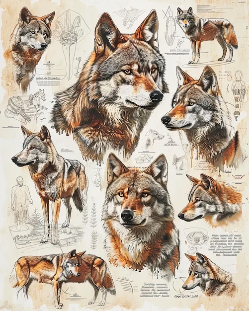 A drawing of a group of wolfs on a sheet of paper