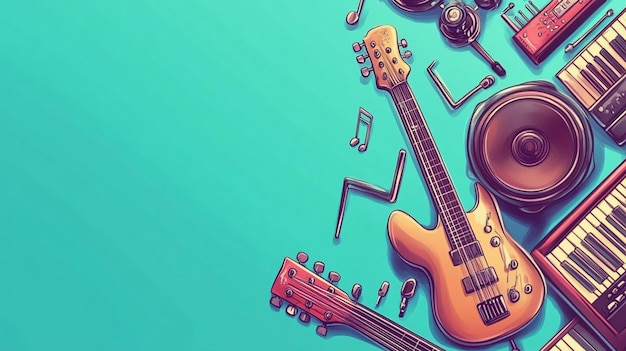 a drawing of a guitar and a guitar on a blue background