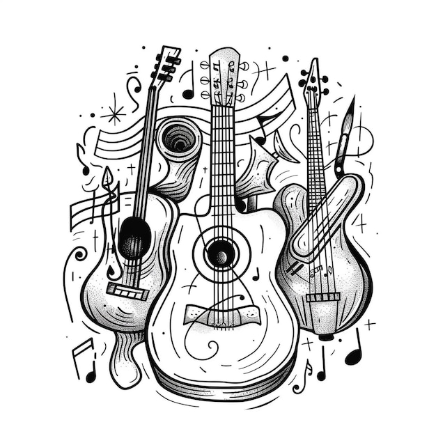 Photo a drawing of a guitar and a picture of a guitar