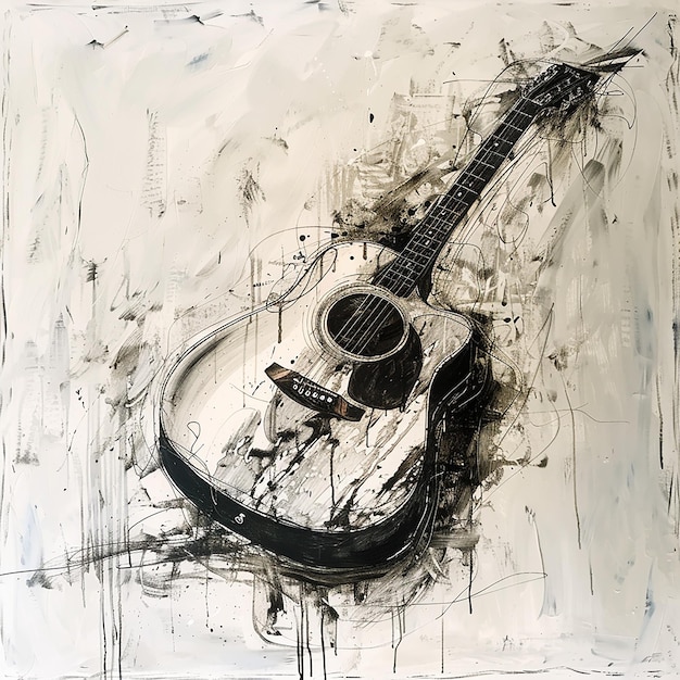 Photo a drawing of a guitar with a black and white background